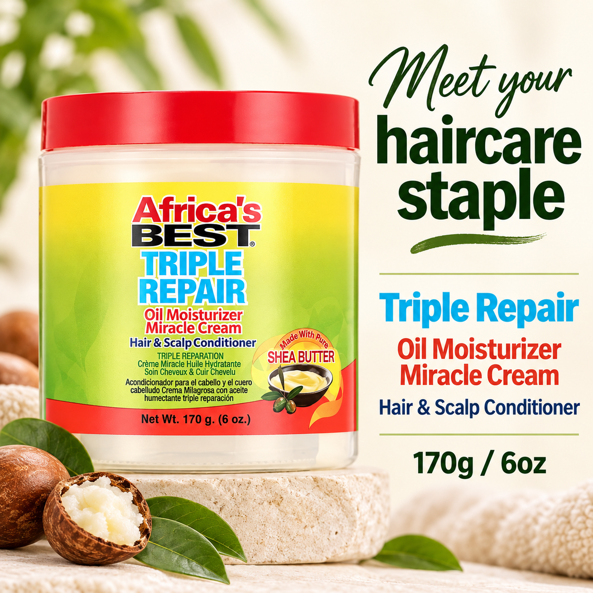 A jar of Africa's Best Triple Repair Oil Moisturizer Miracle Cream hair and scalp conditioner, shown on a styled background with walnuts, leaves, and promotional text.