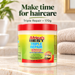 A jar of Africa's Best Triple Repair Hair & Scalp Conditioner sits on a marble countertop with a blurred bathroom background. Large promotional text at the top reads 'Make time for haircare' and 'Triple Repair • 170g'.