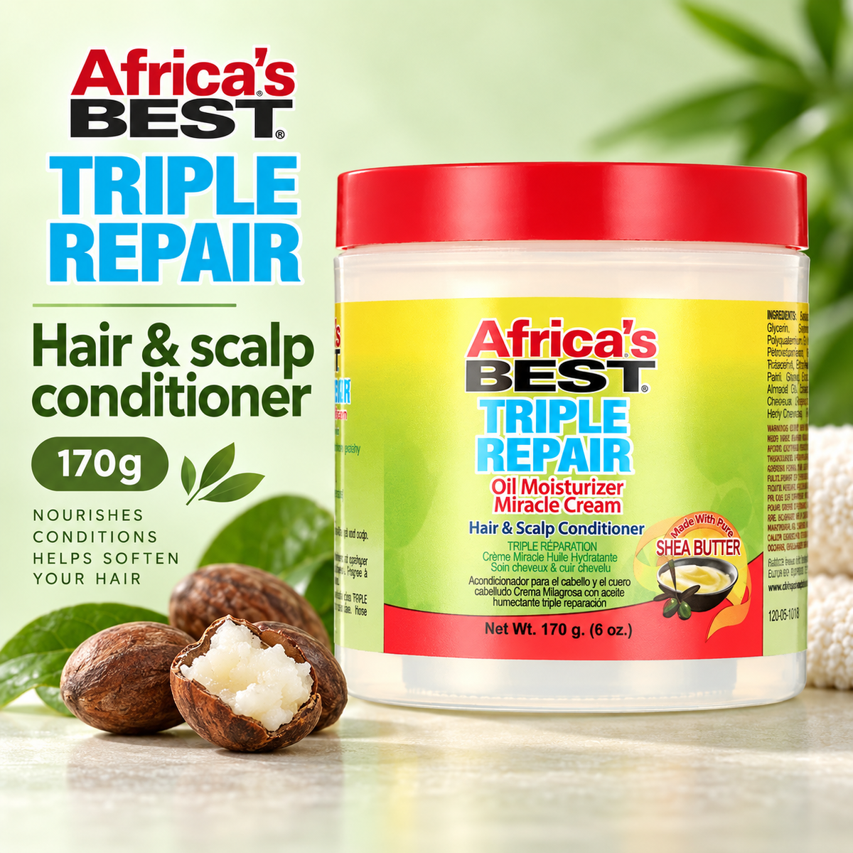 A jar of Africa's Best Triple Repair Hair & Scalp Conditioner shown on a light green background with coconut and cracked cashew nuts. The product packaging features a red lid, a yellow-to-green gradient label with red and blue text, and a white container body.
