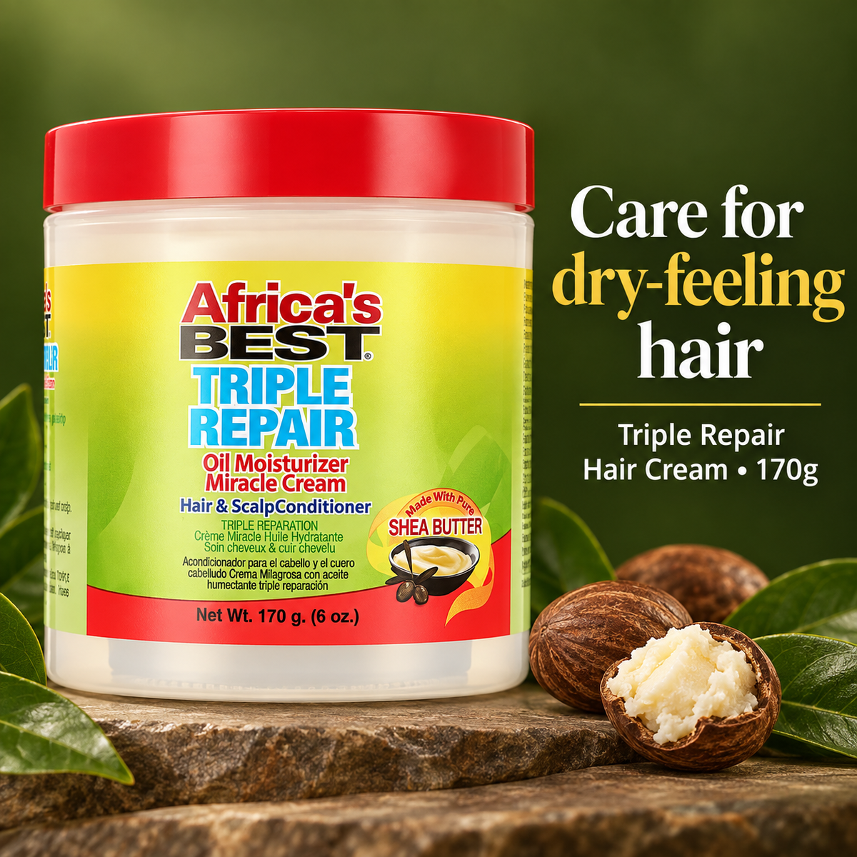 Africa's Best Triple Repair Hair & Scalp Conditioner jar with a red lid and yellow-green label, displayed on a wooden surface with green leaves and shea nuts against a dark green background, with promotional text on the right.