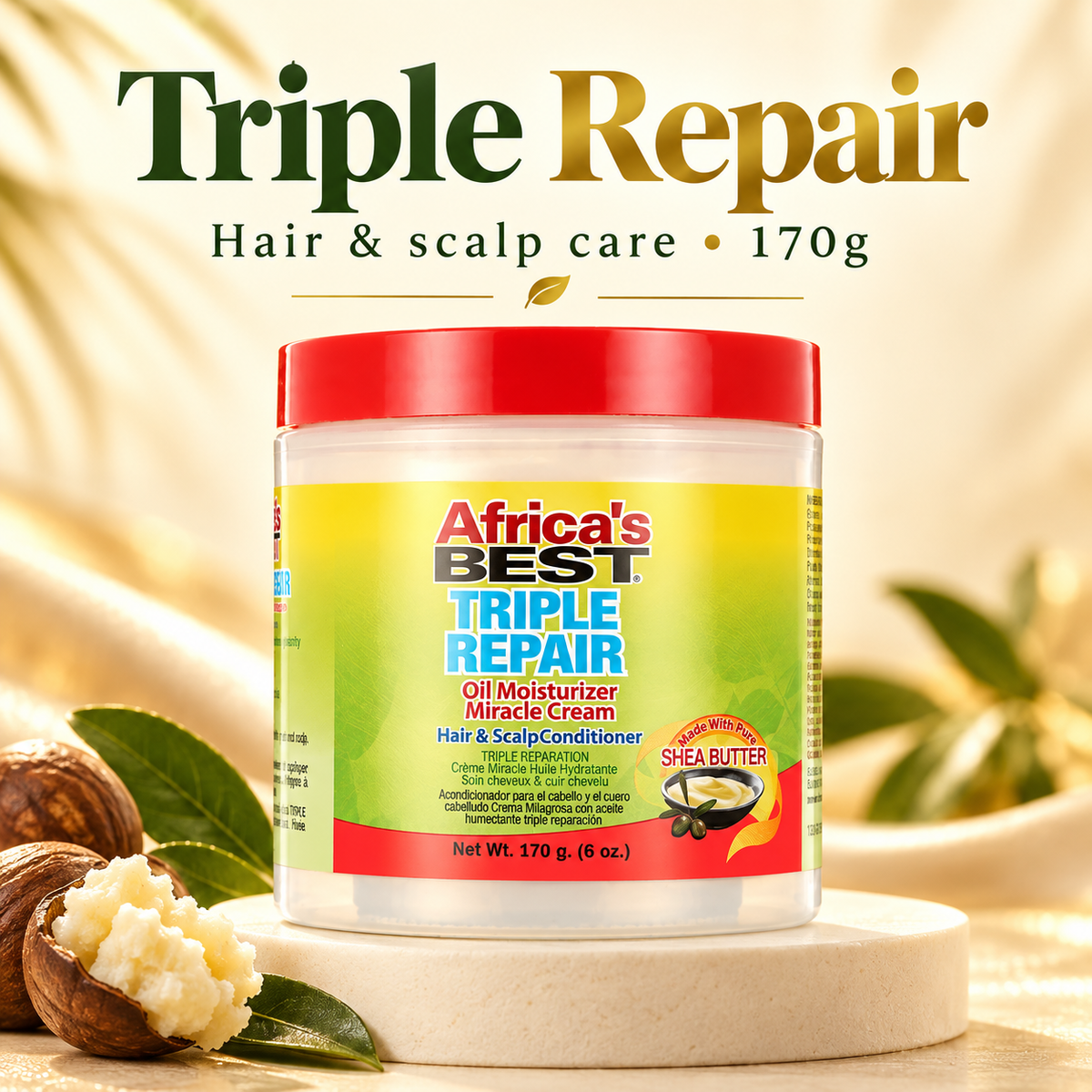 Africa's Best Triple Repair Hair & Scalp Conditioner in a 170g white jar with a red lid, displayed on a light stone pedestal with cashew and shea butter props against a warm beige background with 'Triple Repair' text at the top.