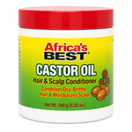 A white plastic jar of Africa's Best Castor Oil Hair & Scalp Conditioner with a red lid and a yellow-to-green gradient label, shown on a white background.