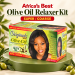 Africa's Best Olive Oil Relaxer Kit box displayed on a green pedestal with olive leaves and olives around it. The box is green and yellow with a photo of a woman with long black hair and text reading 'Originals Olive Oil Conditioning Relaxer System' and 'Super / Coarse'.