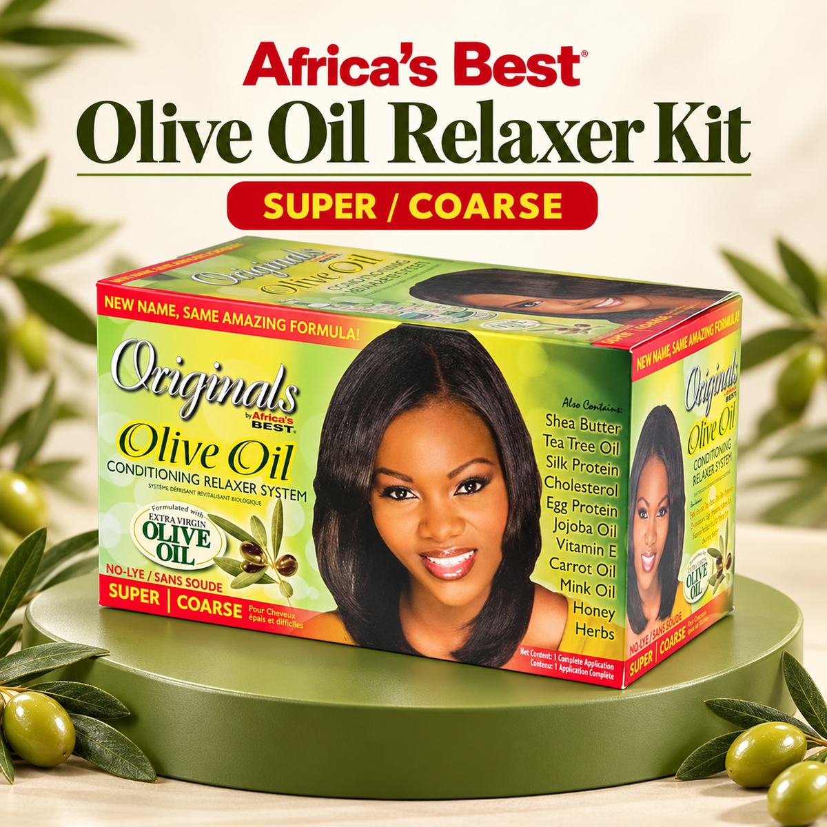 Africa's Best Olive Oil Relaxer Kit box displayed on a green pedestal with olive leaves and olives around it. The box is green and yellow with a photo of a woman with long black hair and text reading 'Originals Olive Oil Conditioning Relaxer System' and 'Super / Coarse'.