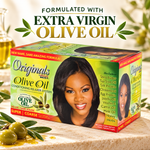 A box of Originals Best Olive Oil Conditioning Relaxer System shown on a stone surface with olives and olive oil, with promotional text above reading 'FORMULATED WITH EXTRA VIRGIN OLIVE OIL'.