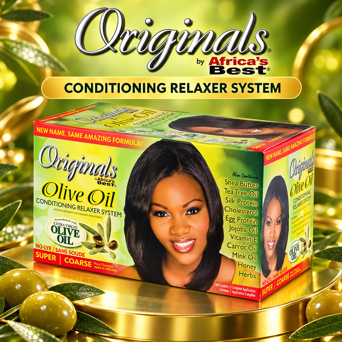 A box of Originals by Africa's Best Conditioning Relaxer System in Olive Oil, styled with olives on a gold pedestal against a green leafy background with gold lettering.