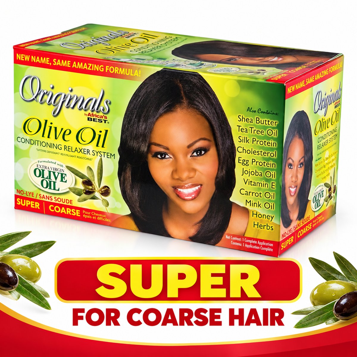 A box of Originals by Best Olive Oil Conditioning Relaxer System for coarse hair, shown in a clean studio-style packshot with a smiling woman pictured on the front and side panels. Large promotional text at the bottom reads 'SUPER FOR COARSE HAIR' with olives and green leaves around the box.