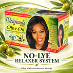 A boxed hair relaxer system labeled 'Originals No. 1 Best Olive Oil Conditioning Relaxer System' shown on a green and white promotional background with olive branches and a model photo on the box.