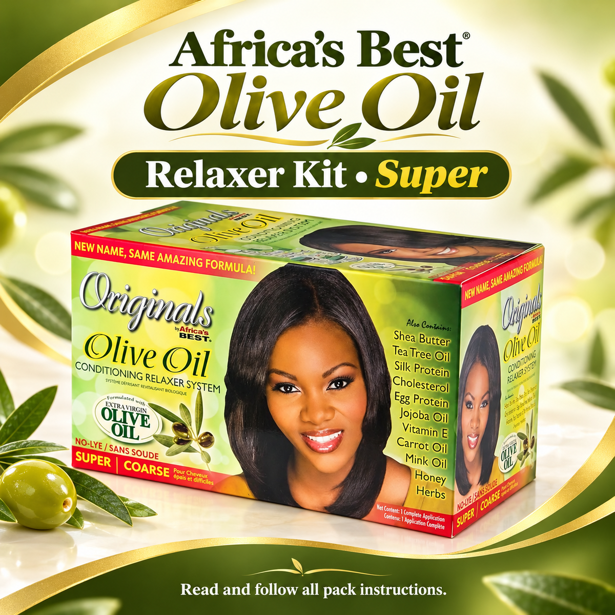 Africa's Best Originals Olive Oil Conditioning Relaxer System Super Coarse Relaxer Kit box shown on a decorative white and gold background with olive leaves and olives.
