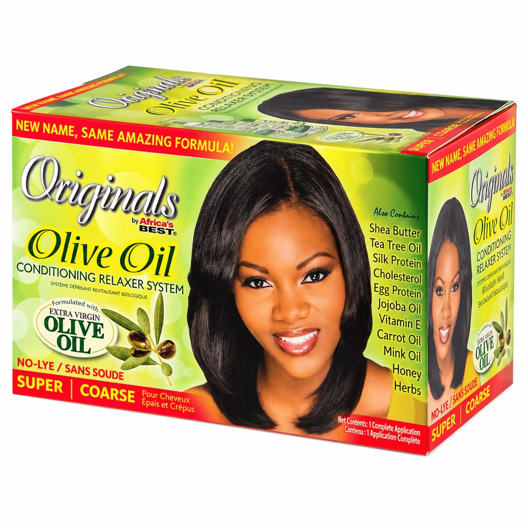A box of Originals by A&G Best Olive Oil Conditioning Relaxer System hair extensions, featuring a bright green and orange design with a model's hair on the front.