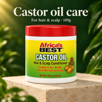 A jar of Africa's Best Castor Oil Hair & Scalp Conditioner placed on a stone pedestal with green foliage in the background. Text at the top reads 'Castor oil care For hair & scalp • 149g'.