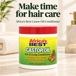 A jar of Africa's Best Castor Oil Hair & Scalp Conditioner sits on a marble countertop with a towel and bathroom fixtures in the background. Large promotional text at the top reads 'Make time for hair care' and 'Africa's Best Castor Oil Conditioner.