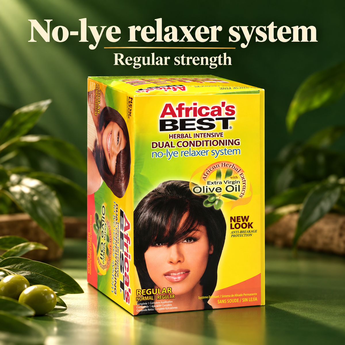 A boxed hair relaxer product labeled 'Africa's BEST' stands on a glossy green surface with leafy props around it. Large text at the top reads 'No-lye relaxer system' and 'Regular strength.