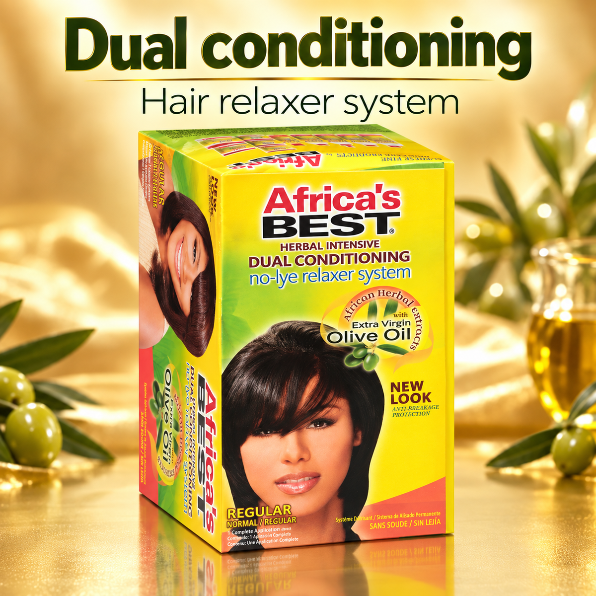 Africa's BEST Dual Conditioning Hair Relaxer system box shown on a golden background with olives and a glass of oil, under the text 'Dual conditioning Hair relaxer system'.