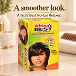 A box of Africa's Best No-Lye Relaxer hair dye stands on a light marble surface with a blurred bathroom-like background. Large headline text above reads 'A smoother look.