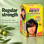 A box of Africa's Best Herbal Intensive Dual Conditioning No Lye Relaxer System in Regular strength, displayed on a light green background with olive leaves and promotional text.
