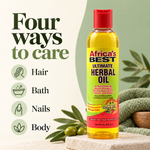 A bottle of Africa's Best Ultimate Herbal Oil stands on a stone surface with olive branches and a green towel beside it. Large text on the left reads 'Four ways to care' with icons for Hair, Bath, Nails, and Body.