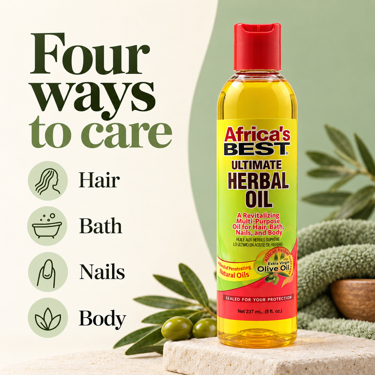 A bottle of Africa's Best Ultimate Herbal Oil stands on a stone surface with olive branches and a green towel beside it. Large text on the left reads 'Four ways to care' with icons for Hair, Bath, Nails, and Body.
