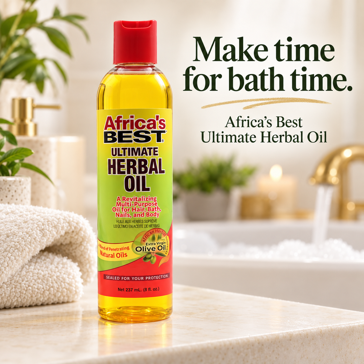 A bottle of Africa's Best Ultimate Herbal Oil stands on a bathroom counter with a towel, plant, soap dispenser, and blurred sink area in the background. Large text on the right reads, 'Make time for bath time.