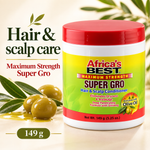 A white plastic jar of Africa's Best Super Gro Hair & Scalp Conditioner with a red lid, set against a warm beige background with olive branches and olives. The product label is bright yellow and red, and the text highlights 'Maximum Strength Super Gro' and 'Enriched with Olive Oil'.