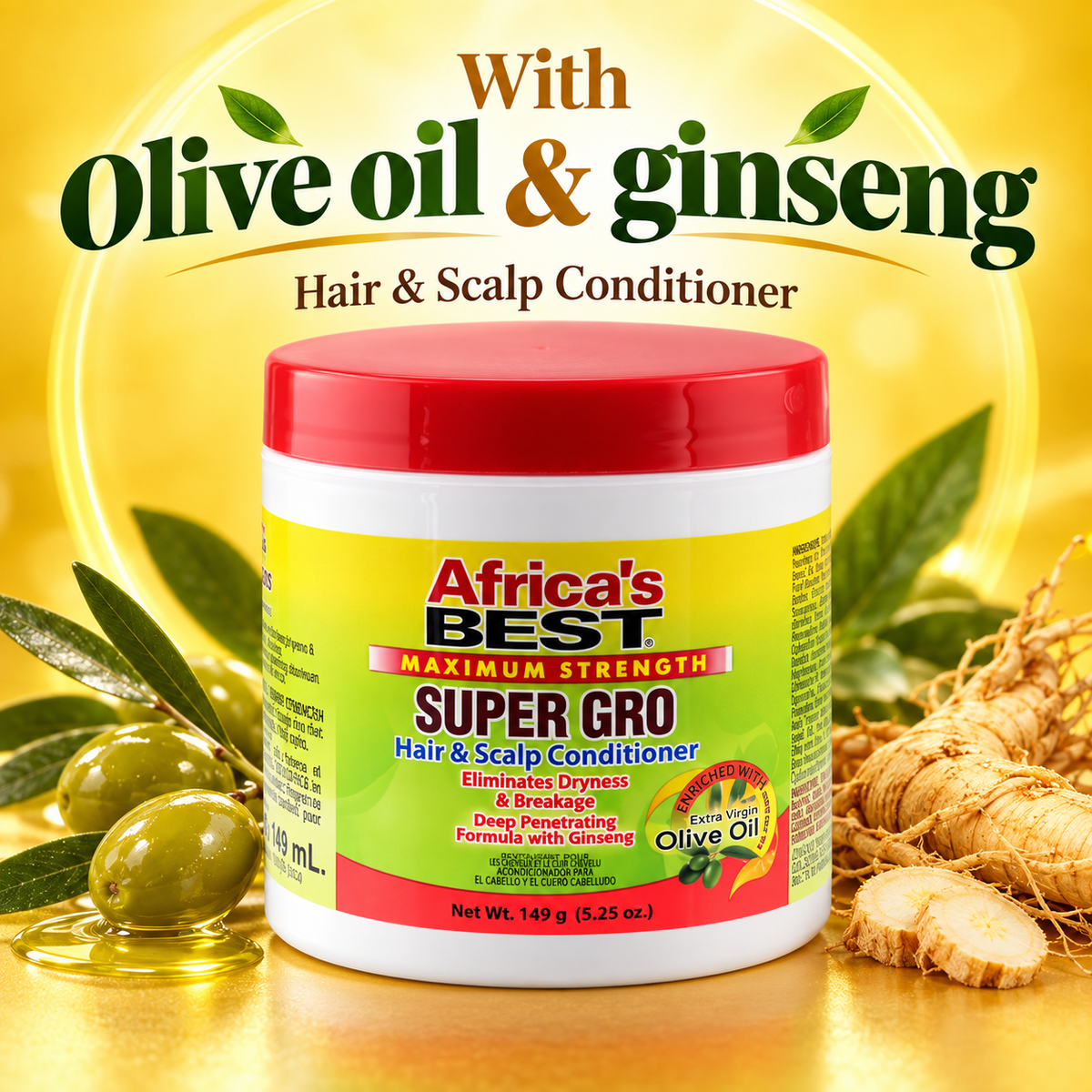 A jar of Africa's Best Super Gro Hair & Scalp Conditioner with a red lid and yellow label, set against a golden background with text reading 'With Olive oil & ginseng Hair & Scalp Conditioner' and styled with olives, oil, and ginger roots.