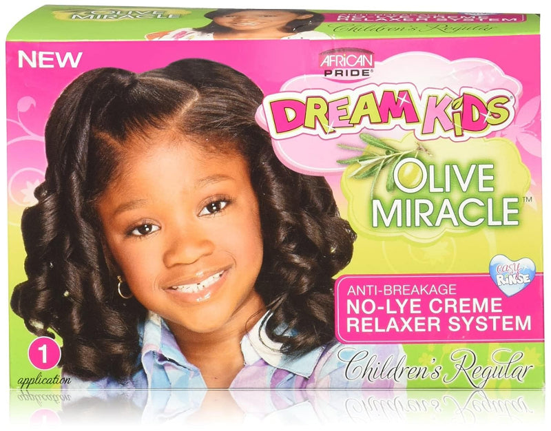 Dream Kids Olive Miracle hair relaxer system packaging with a child's face on it.