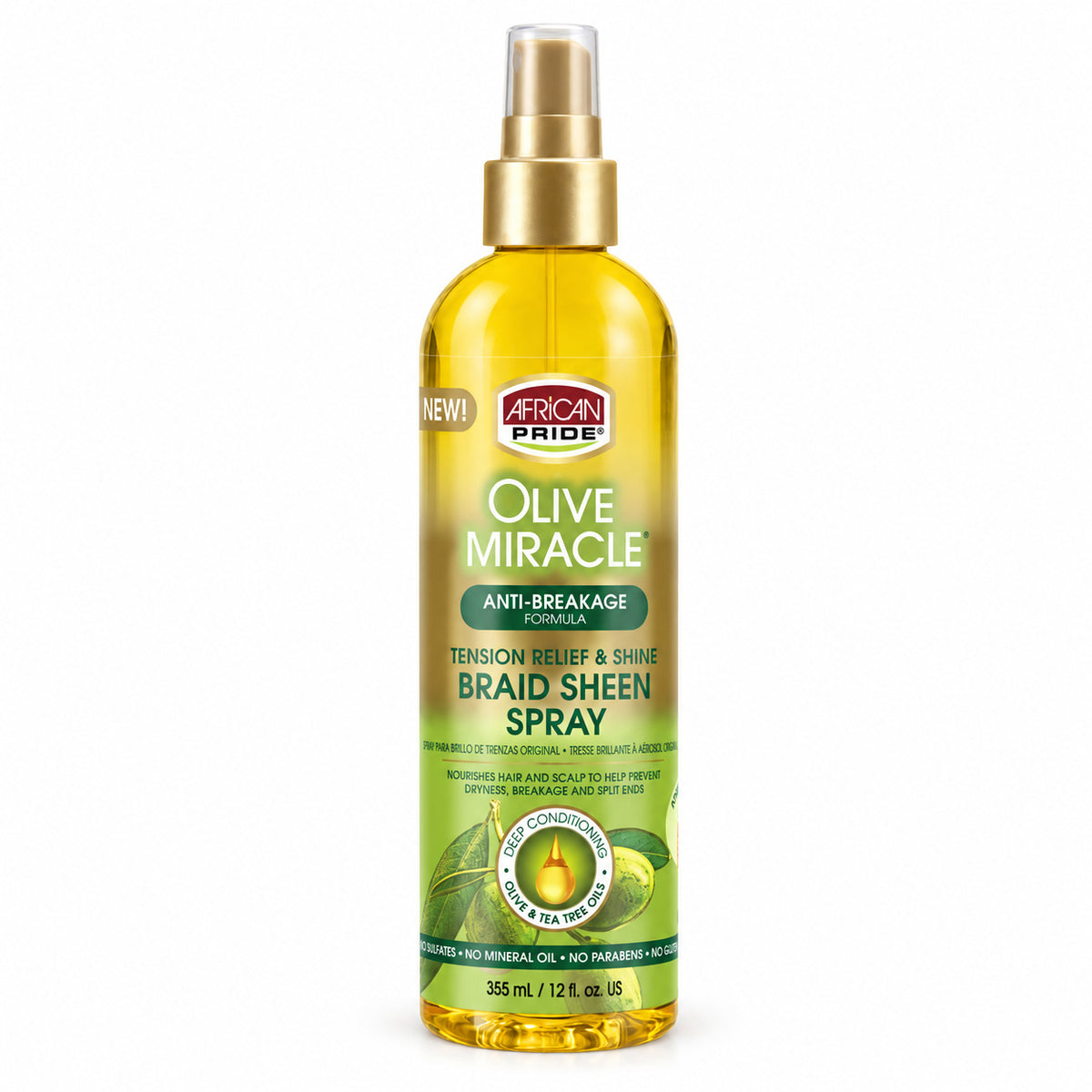 A 305 mL bottle of African Pride Olive Miracle Anti-Breakage Tension Relief & Shine Braid Sheen Spray, filled with golden-yellow oil and featuring a gold spray nozzle, set against a plain white background.