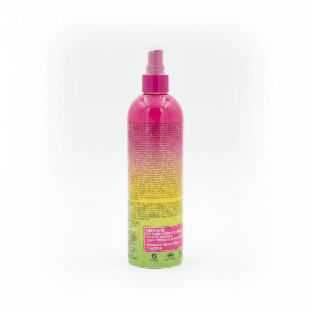 Pink spray bottle with text on a white background