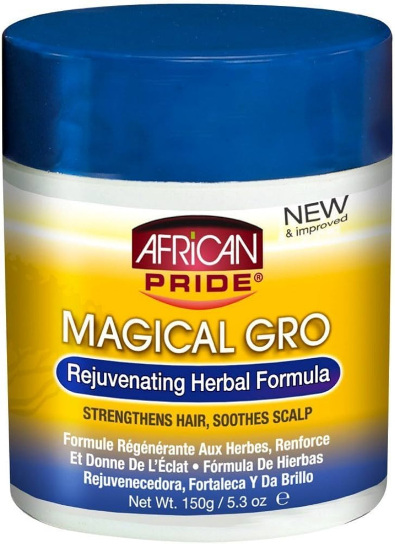 African Pride Magical Gro hair product jar with blue lid and yellow label.