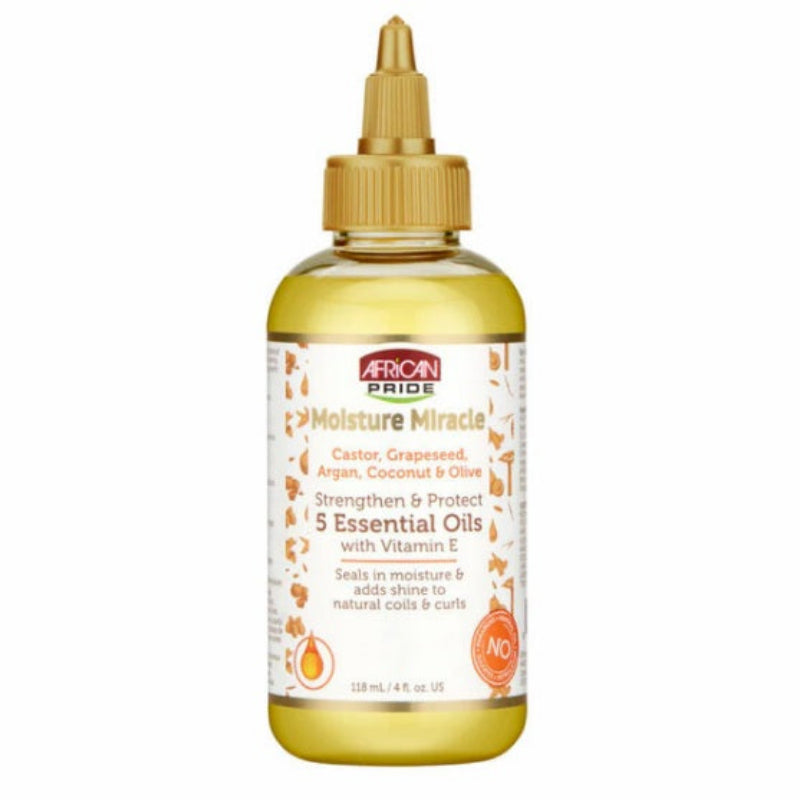 Bottle of African Pride Moisture Miracle hair oil on a white background
