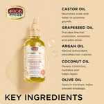 African Pride hair oil bottle with key ingredients listed on a beige background