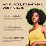 Woman with moisturized hair on a beige background with text about hair care benefits.