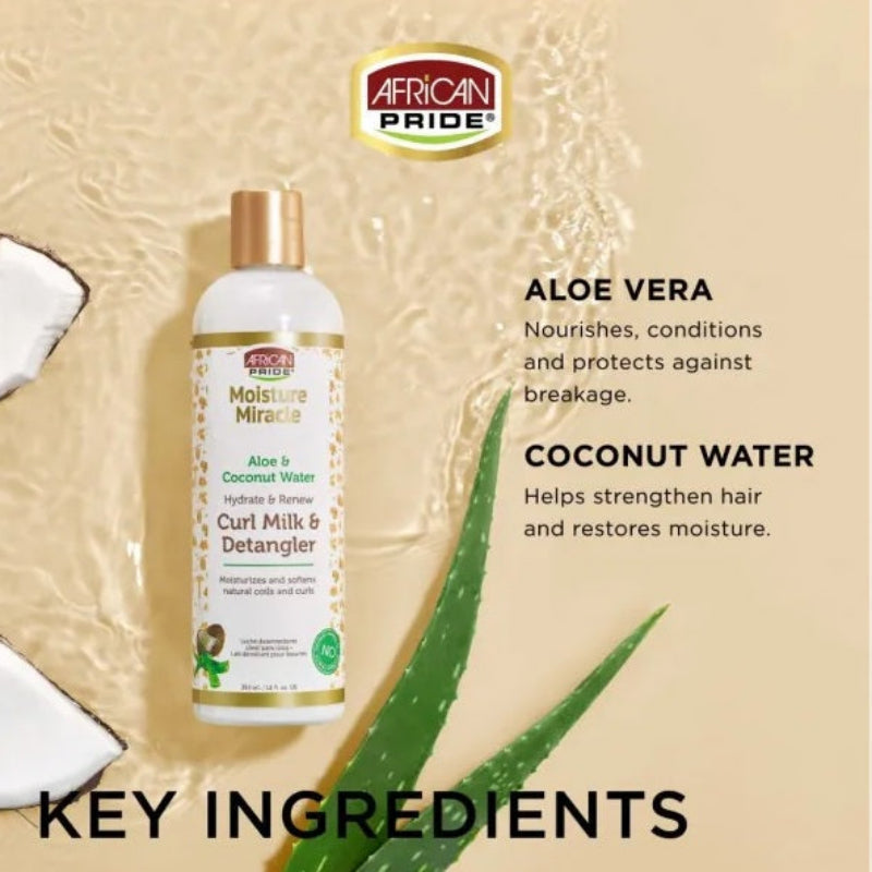 African Pride hair care product with aloe vera and coconut water on a beige background