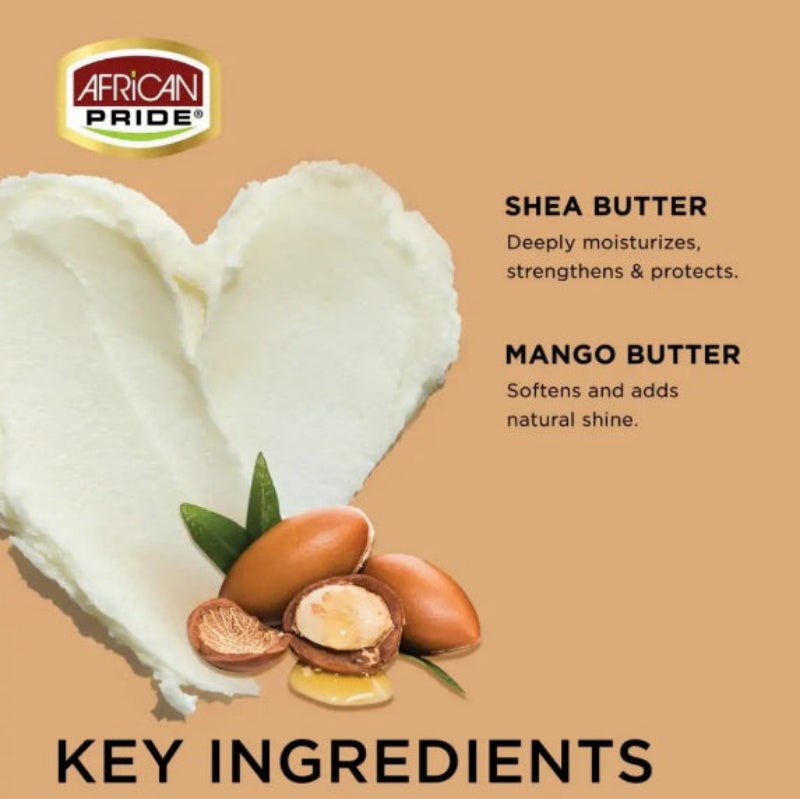 African Pride shea butter and mango butter with text on a beige background