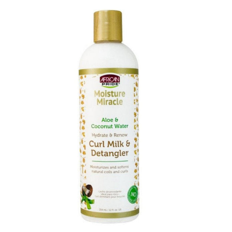 Bottle of African Pride Moisture Miracle Curl Milk & Detangler on a white background