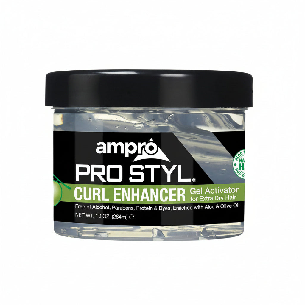 A 10 oz jar of ampro Pro Styl Curl Enhancer Gel Activator, featuring a black lid and a black, white, and green label on a white background.