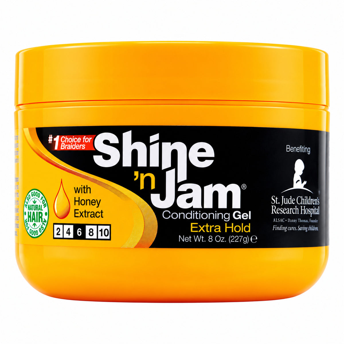 An 8 oz jar of Shine 'n Jam Extra Hold Conditioning Gel for braids, featuring a bright yellow-orange container with a black and white label.