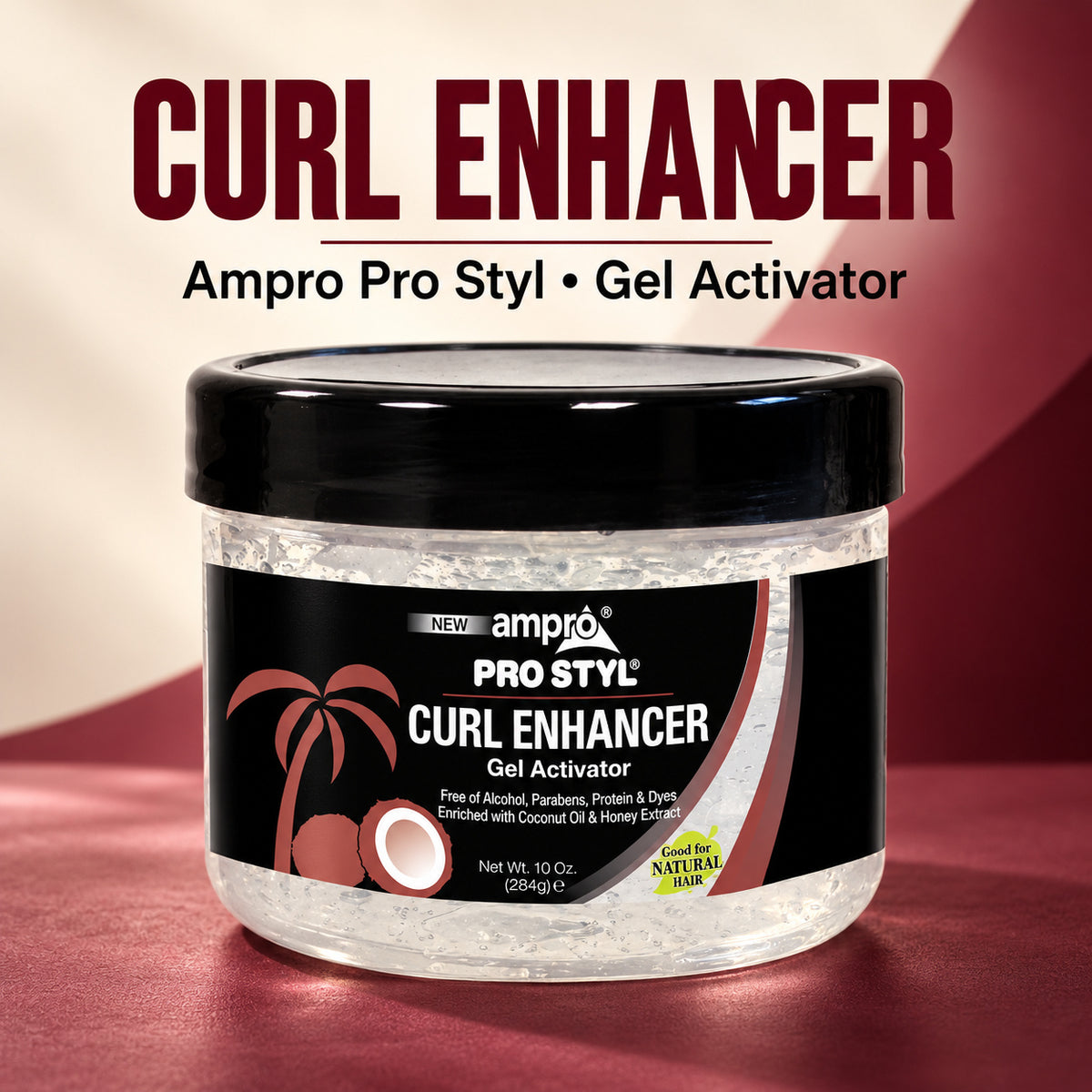 A 10 oz jar of Ampro Pro Styl Curl Enhancer Gel Activator with a black lid and black label, set against a dark red and beige background with bold text reading 'CURL ENHANCER'.