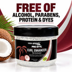 A jar of ampro Pro Styl Curl Enhancer Gel Activator shown on a white background with promotional text reading 'FREE OF ALCOHOL, PARABENS, PROTEIN & DYES' and coconut imagery.