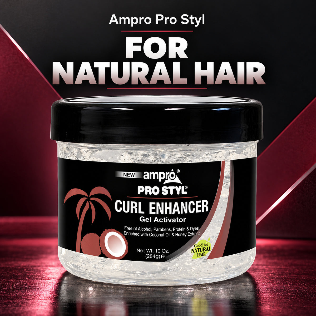 A 10 oz jar of Ampro Pro Styl Curl Enhancer Gel Activator on a reflective dark surface with a black and dark red graphic background. The product features a black lid and a black label with white text and a coconut/palm graphic.