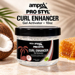 A jar of ampro Pro Styl Curl Enhancer Gel Activator sits on a stone surface with a coconut half, honeycomb, and palm leaves in the background, alongside the product text overlay.