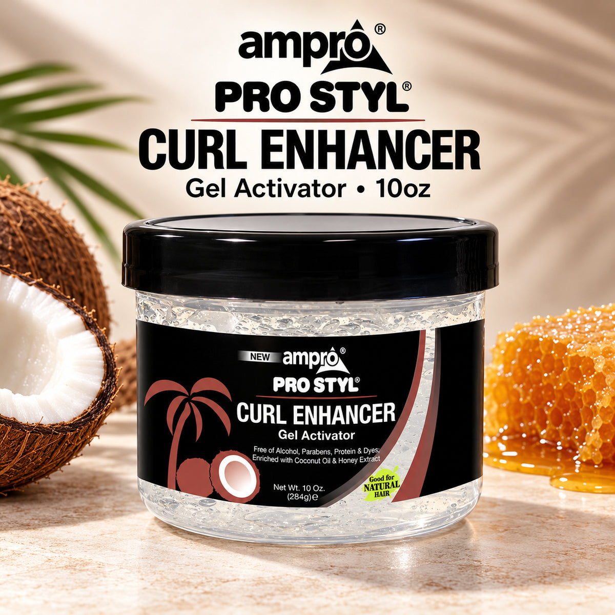 A jar of ampro Pro Styl Curl Enhancer Gel Activator sits on a stone surface with a coconut half, honeycomb, and palm leaves in the background, alongside the product text overlay.