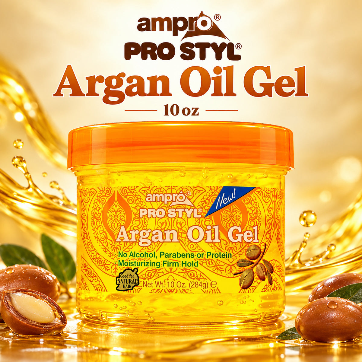 A jar of ampro PRO STYL Argan Oil Gel centered on a golden background with argan nuts and liquid splash graphics. The product jar is yellow with an orange lid, and the brand name 'ampro PRO STYL' is prominently displayed above.