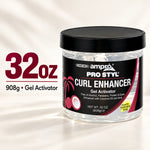 A 32 oz jar of ampro Pro Styl Curl Enhancer Gel Activator, displayed on a light beige background with a soft shadow. The product packaging features a black lid and a black, white, and red label with coconut graphics.