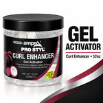A 32 oz jar of amó Pro Styl Curl Enhancer Gel Activator with a black lid and black label, shown next to text reading 'GEL ACTIVATOR' on a white background with a black and silver graphic accent.