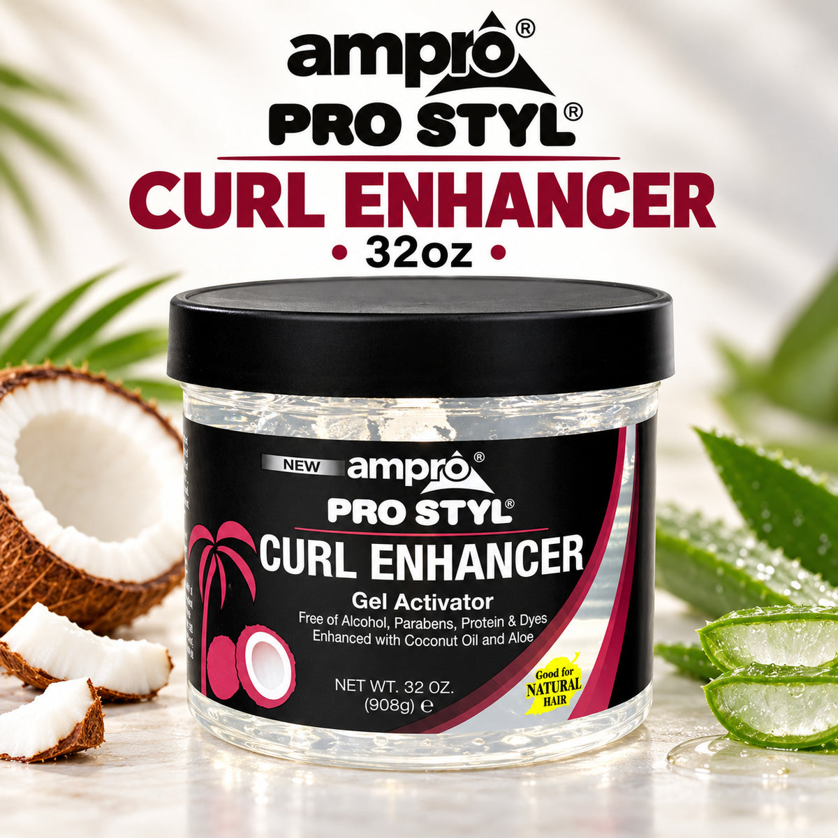 A jar of ampro PRO STYL Curl Enhancer Gel Activator shown on a light marble surface with coconut halves, aloe vera slices, and green leaves around it. Large product text at the top reads 'ampro PRO STYL CURL ENHANCER 32oz'.