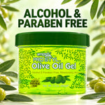 A jar of ampó Pro Styl Olive Oil Gel centered against a bright green background with olive leaves and olives around it. Large text at the top reads 'ALCOHOL & PARABEN FREE'.