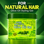 A jar of ampro Pro Styl Olive Oil Gel centered on a green graphic background with the text 'FOR NATURAL HAIR' above it. The product is a translucent bright yellow-green gel container with a dark green lid and olive illustrations on the label.