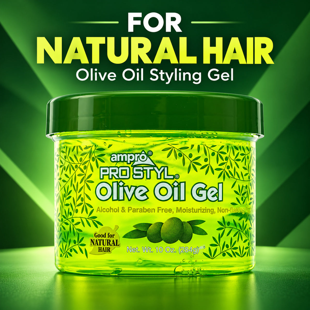 A jar of ampro Pro Styl Olive Oil Gel centered on a green graphic background with the text 'FOR NATURAL HAIR' above it. The product is a translucent bright yellow-green gel container with a dark green lid and olive illustrations on the label.