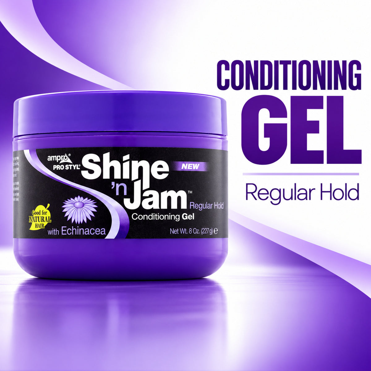 A purple jar of SMPt Pro Styl Shine 'n Jam Regular Hold Conditioning Gel with a black label, set against a purple and white graphic background with text reading 'CONDITIONING GEL' and 'Regular Hold'.